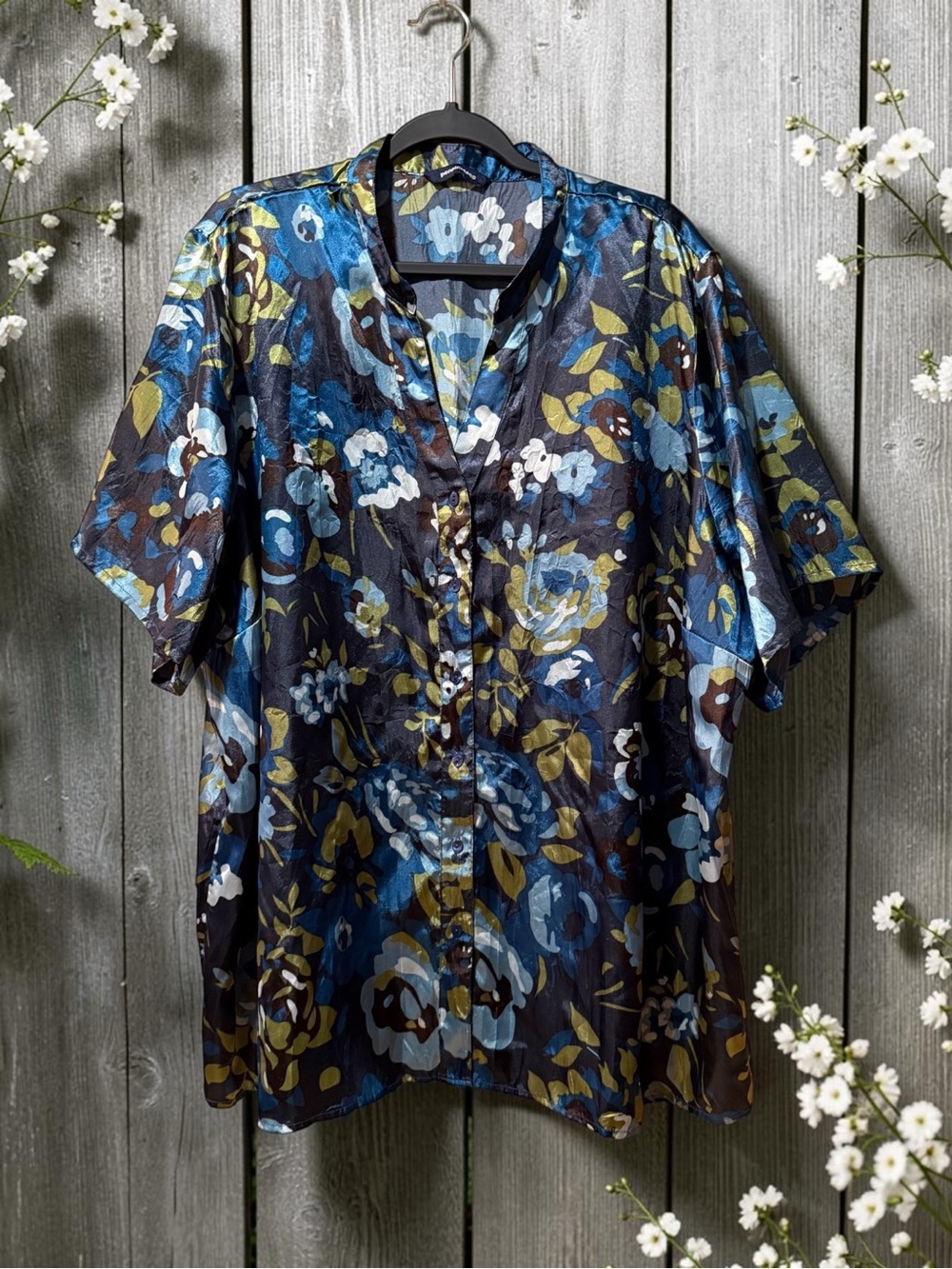 Penningtons Navy/Blue/Green/Black/White Floral Satin Button Front Top